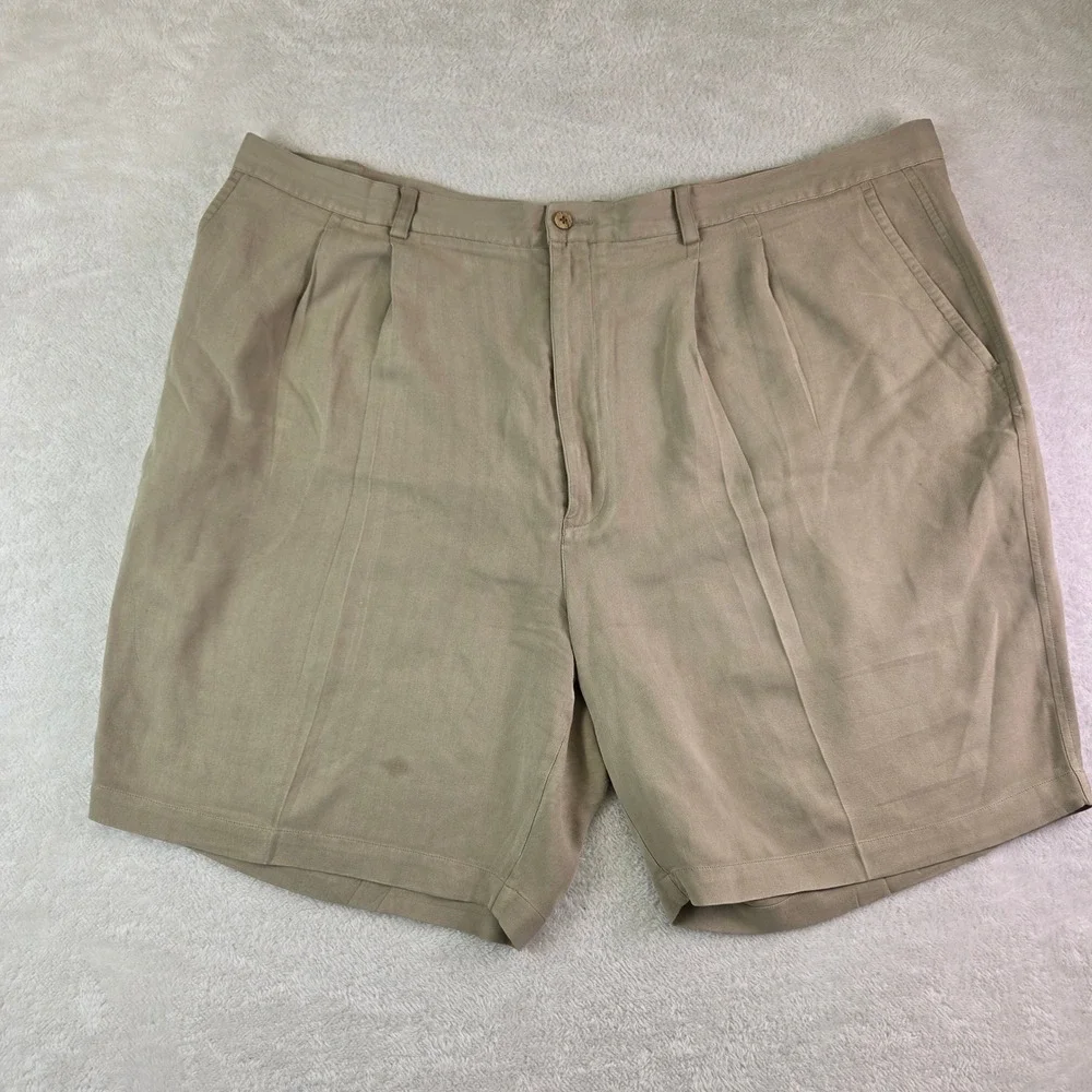 Caribbean Roundtree & Yorke 100% Silk Pleated Shorts Khaki Tan Mens 48 Big